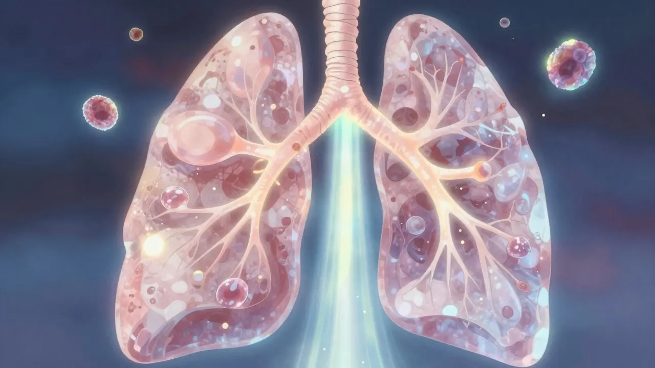Poumons stylisés comme cristal avec trois lumières fusionnant en un flux.