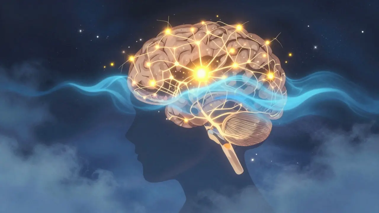 Réseau neuronal lumineux abstrait montrant le passage de l'énergie au sommeil.