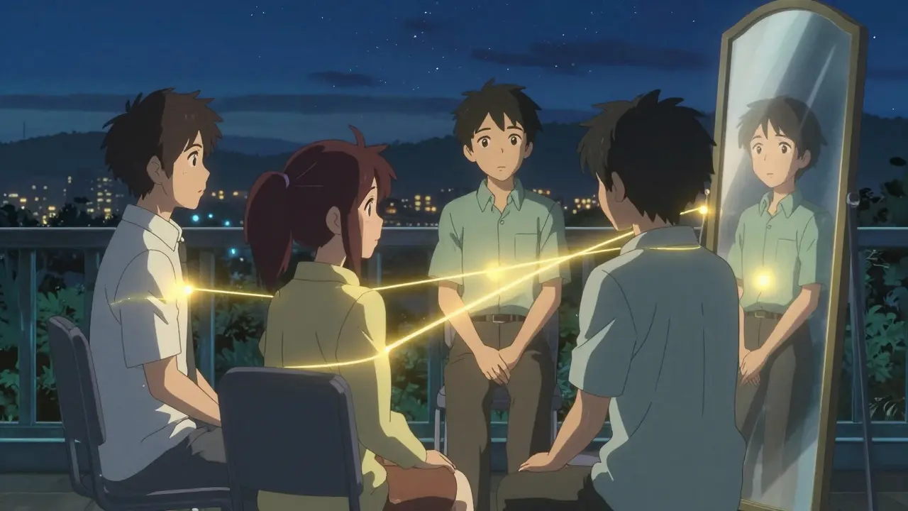 Trois personnes en chemin vers la guérison, connectées par des lumières dorées sous un ciel étoilé.