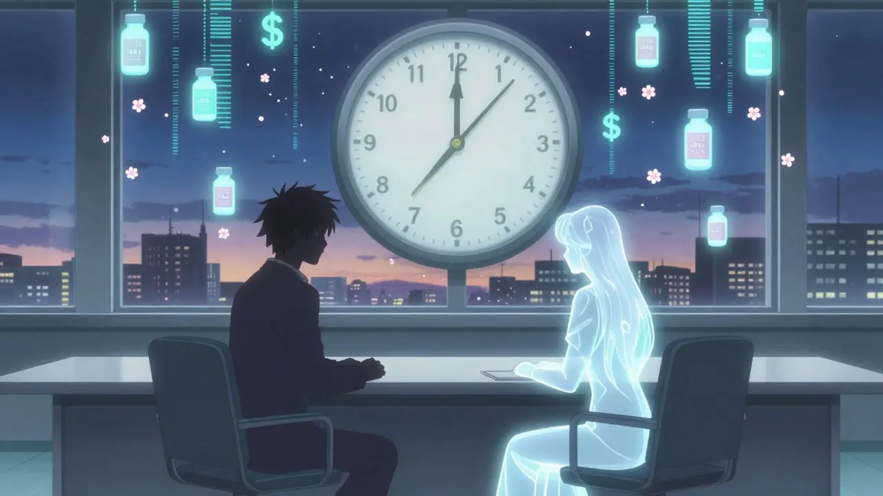 Un dirigeant d'entreprise et une figure symbolique de Medicare négocient dans une salle lumineuse, entourée de données et de fleurs.