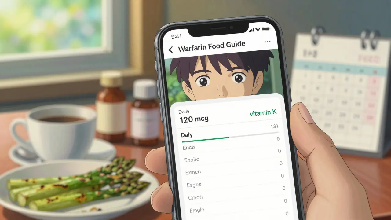 Un écran de téléphone affiche une application de suivi de vitamine K, reflété dans les yeux d'une personne au petit-déjeuner.