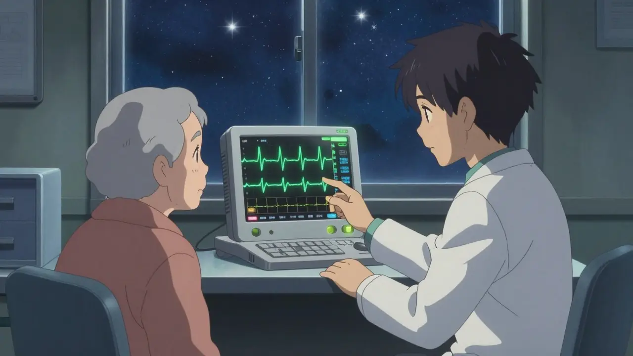 Un médecin et un patient âgé regardent un écran ECG dans une pièce calme, avec un ciel étoilé en arrière-plan.