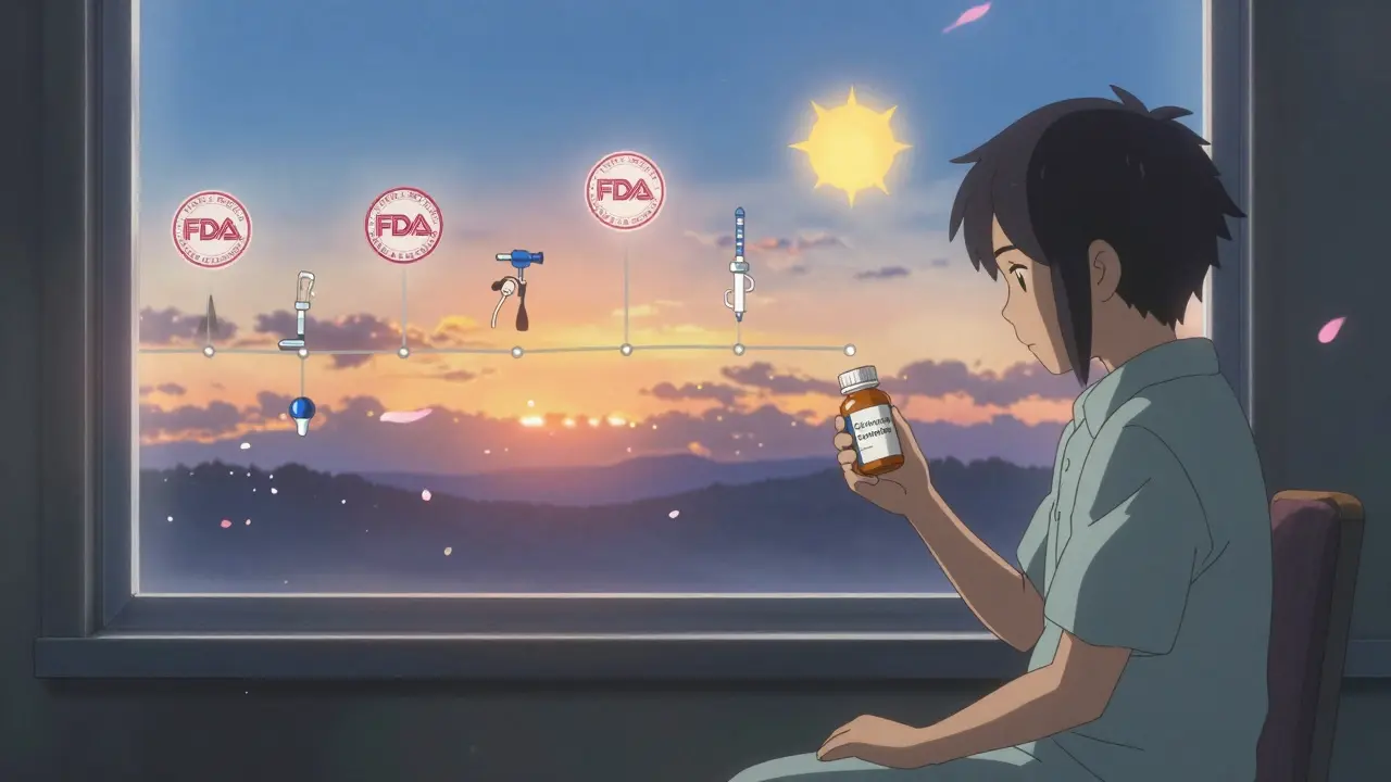 Un patient attend à une fenêtre, entouré de timelines représentant les cinq années d'attente pour un médicament générique complexe.