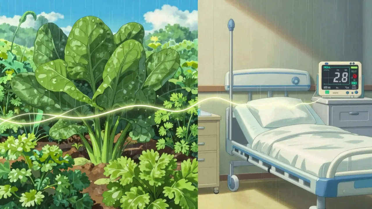 Un paysage symbolique reliant un jardin verdoyant à une chambre d'hôpital, séparé par un fil lumineux représentant la stabilité.