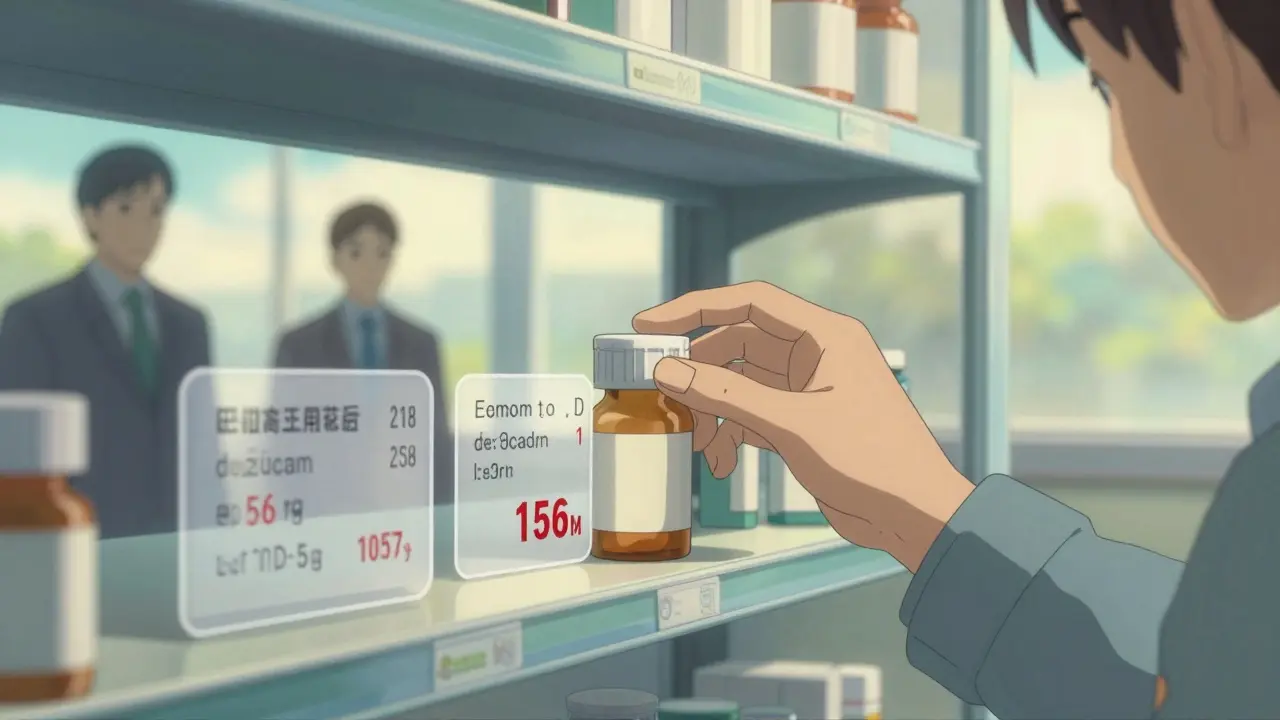 Une main de patient prend une pilule en lumière matinale, avec deux étiquettes de prix superposées, tandis que des silhouettes d'entreprises regardent depuis derrière une vitre.