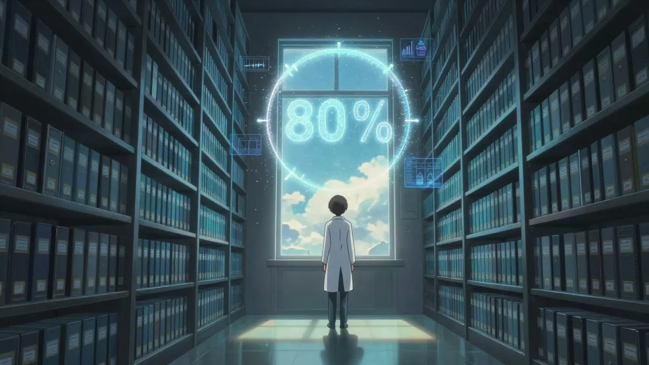 Une salle d'archives remplie de dossiers ANDA brillants, avec un scientifique observant des graphiques flottants dans la lumière du matin.