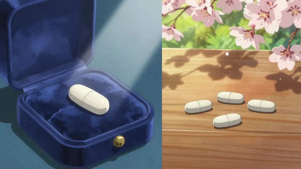 Comparaison visuelle entre un médicament de marque coûteux et des génériques abordables.