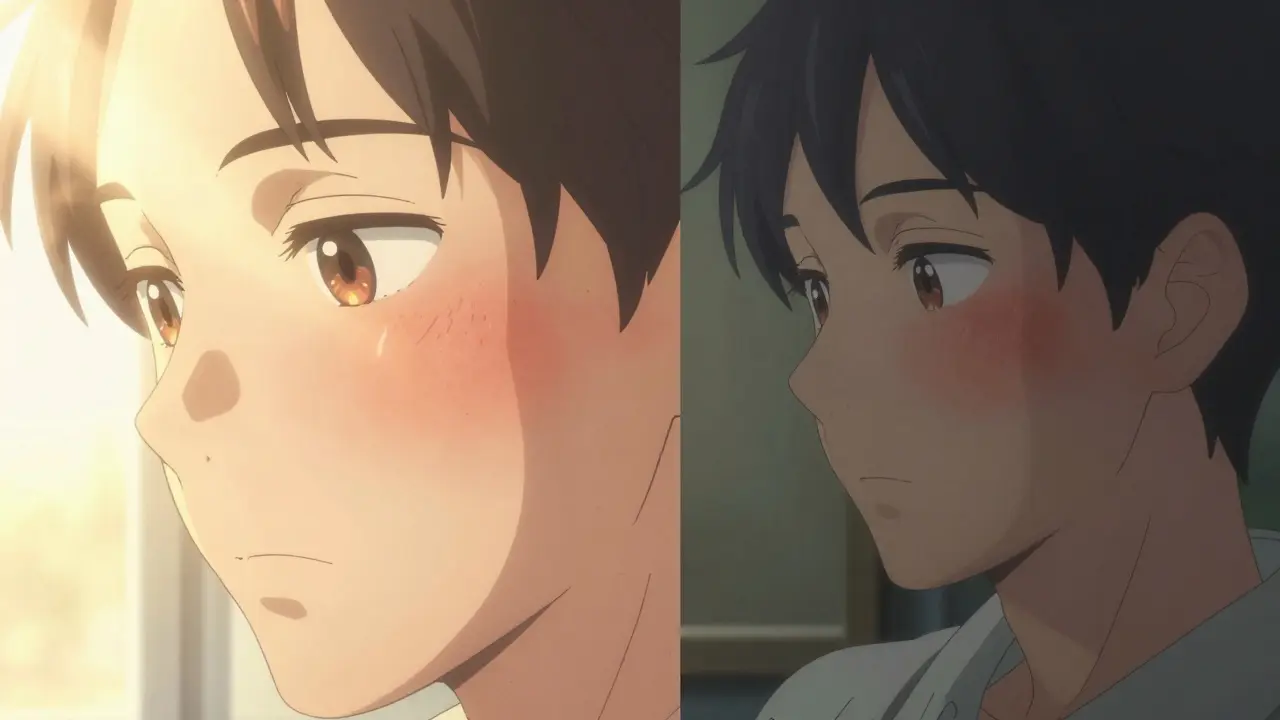 Comparaison visuelle entre une réaction phototoxique immédiate et une photoallergie retardée.