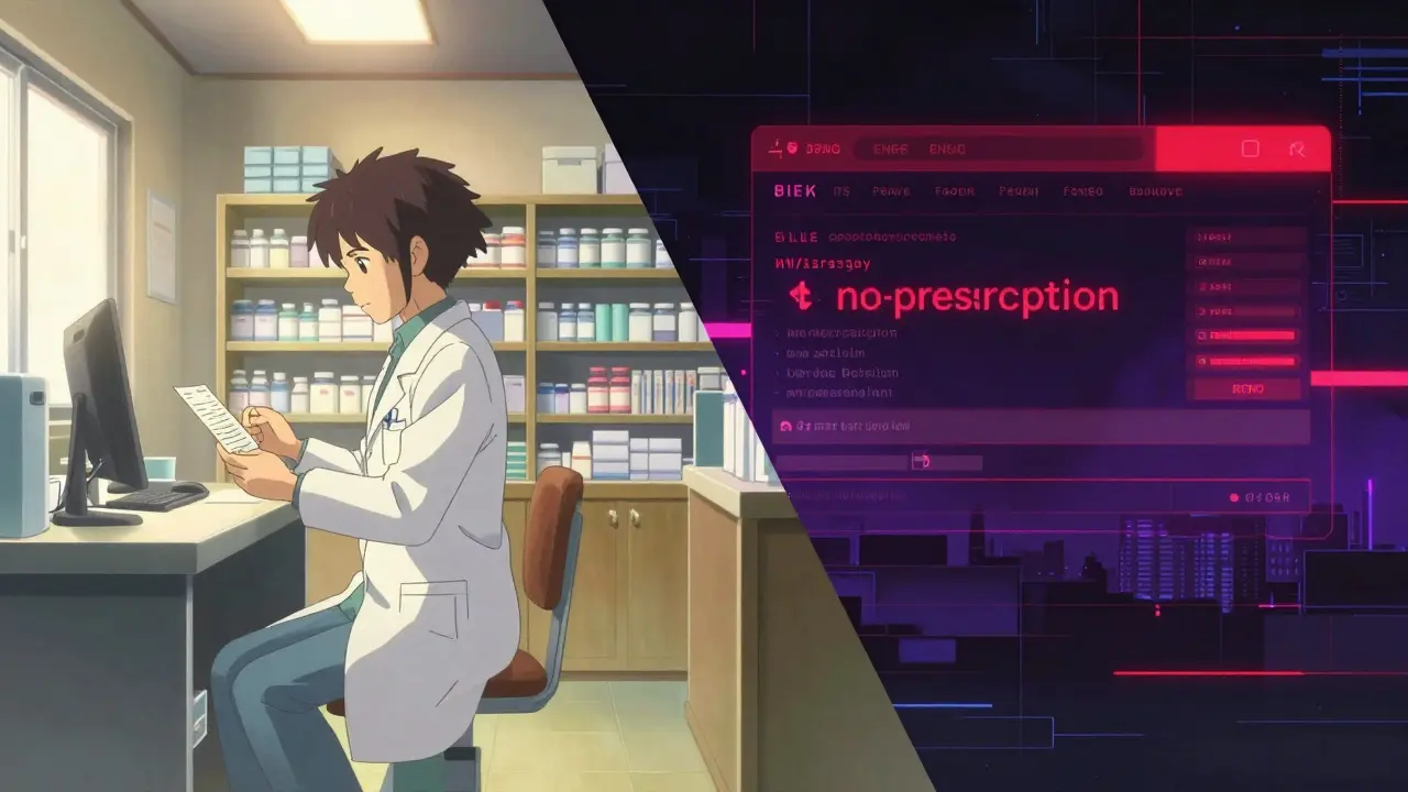 Contraste entre une pharmacie sécurisée et le danger des sites illégaux style anime.