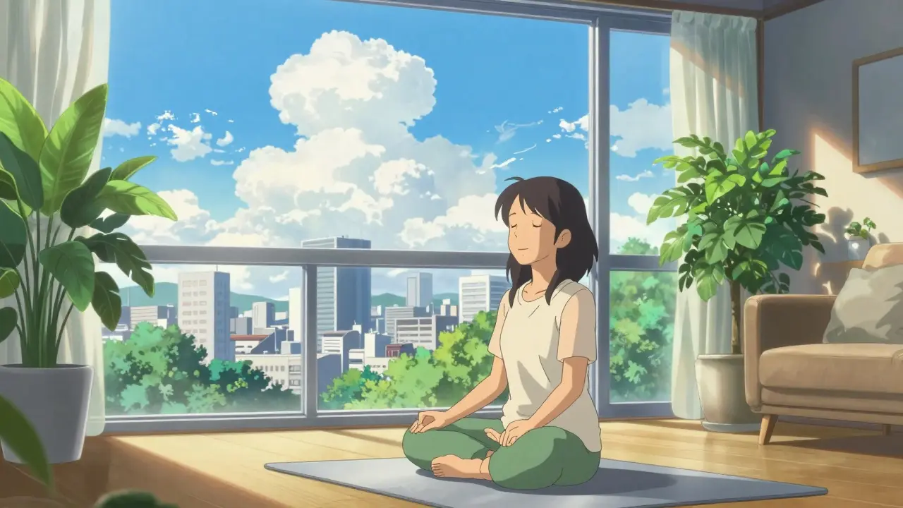 Femme sereine dans un salon ensoleillé pratiquant la pleine conscience pour l'anxiété.