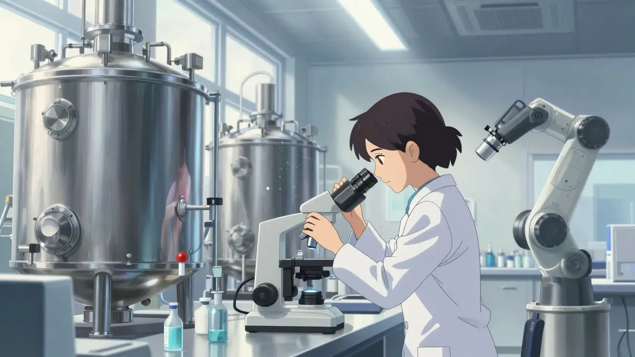 Inspection rigoureuse de la qualité dans une usine de fabrication de médicaments génériques ultra-moderne.