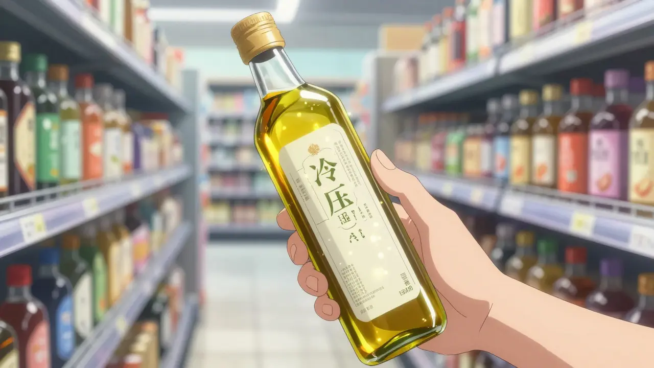 Main examinant l'étiquette d'une bouteille d'huile dans un supermarché