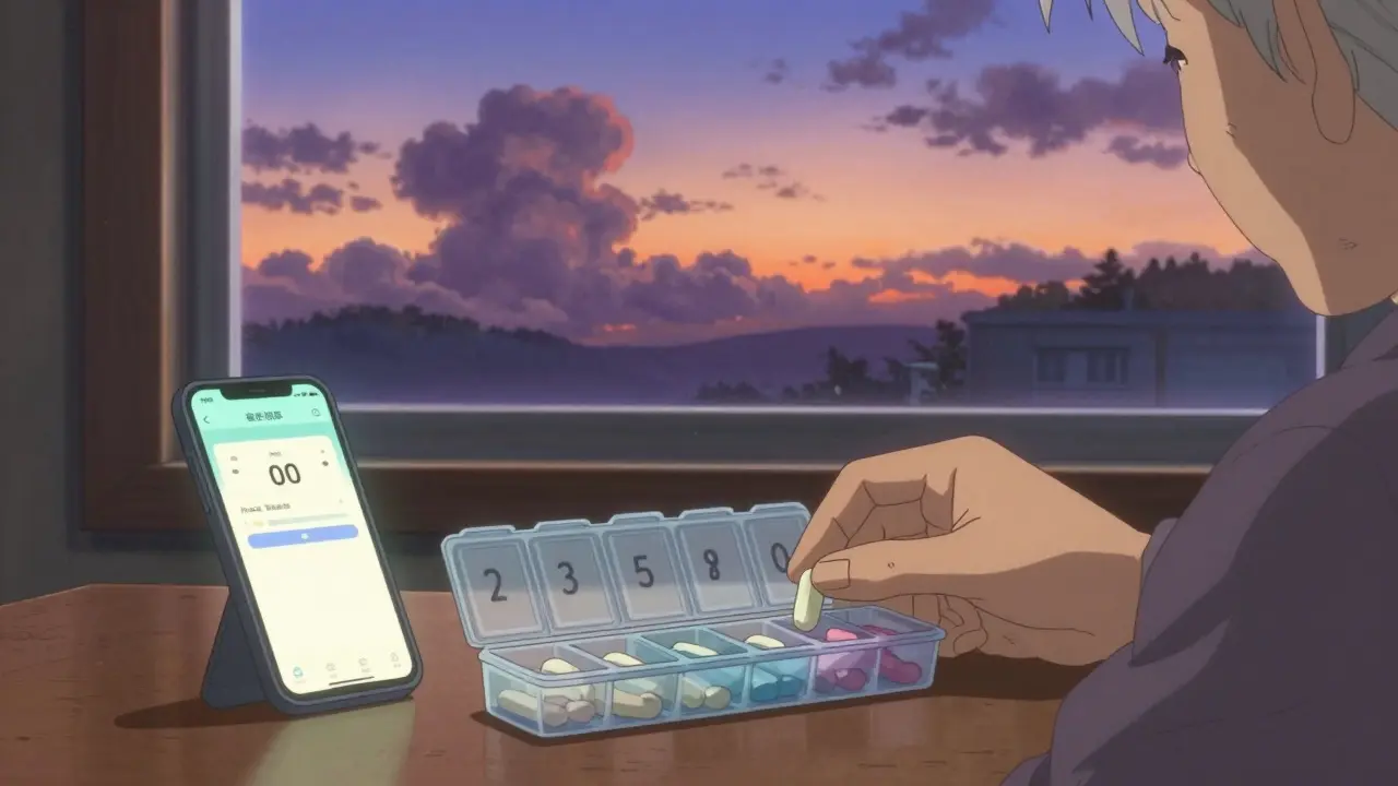 Main organisant des médicaments dans un pilulier sous un ciel de crépuscule.