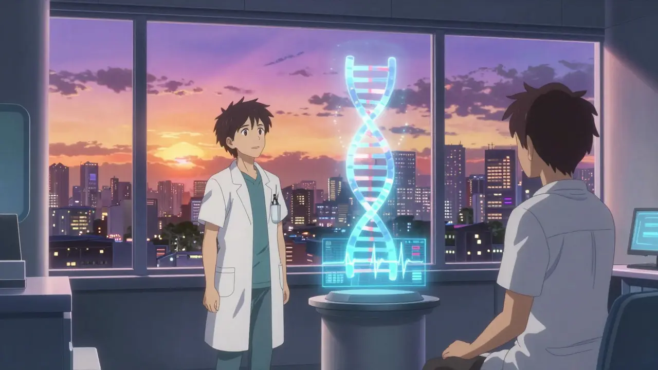 Médecin et patient analysant une hélice d'ADN holographique devant un coucher de soleil.