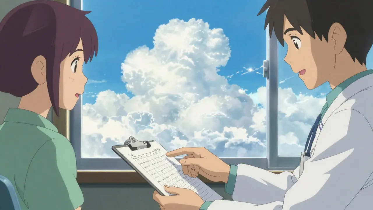 Médecin et patient discutant avec optimisme sous un ciel bleu éclatant, style anime.