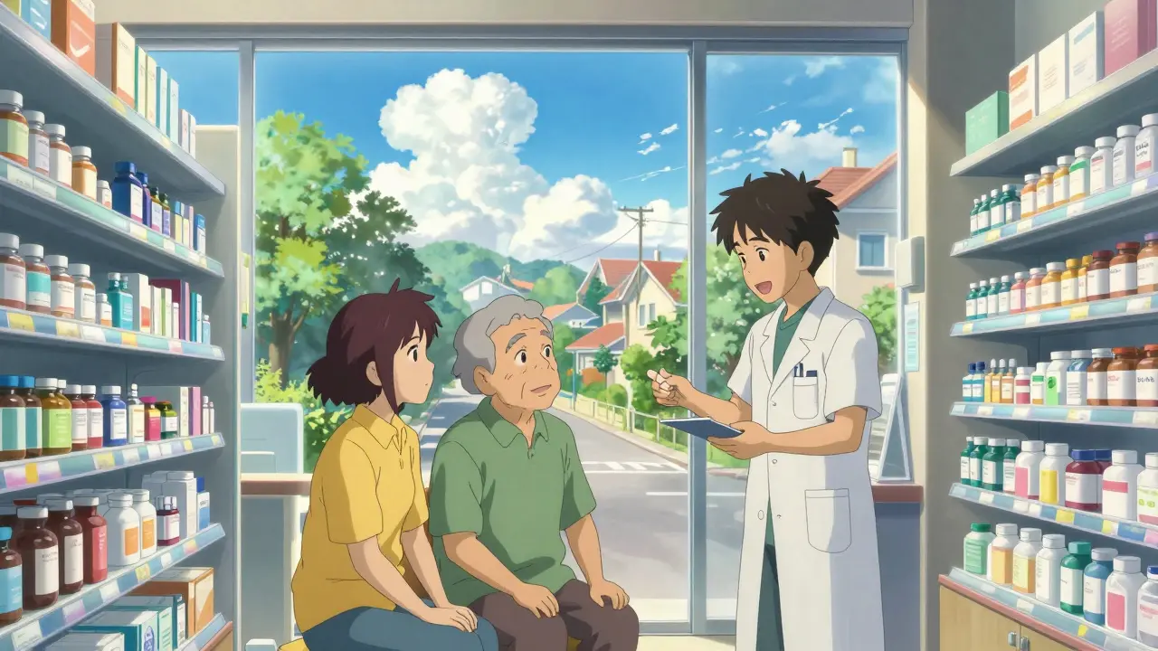 Patient et jeune adulte discutant avec un pharmacien dans une pharmacie lumineuse.