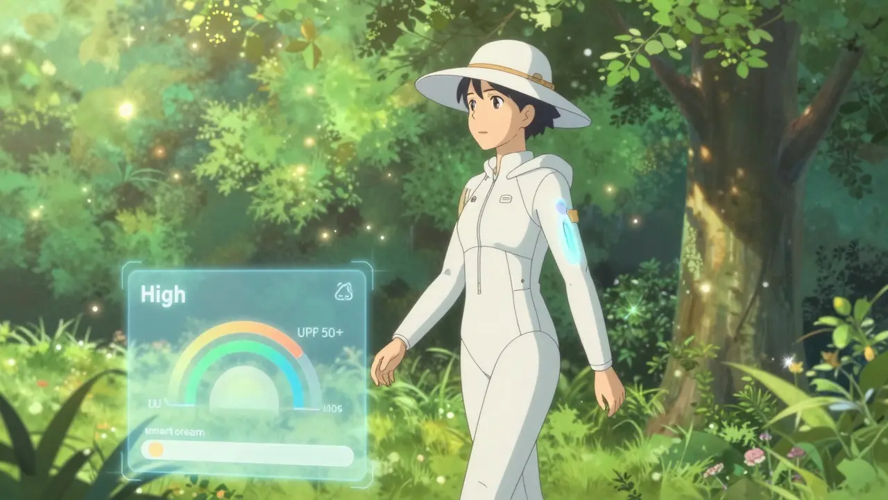 Personne protégée par des vêtements techniques UPF et une application d'indice UV.