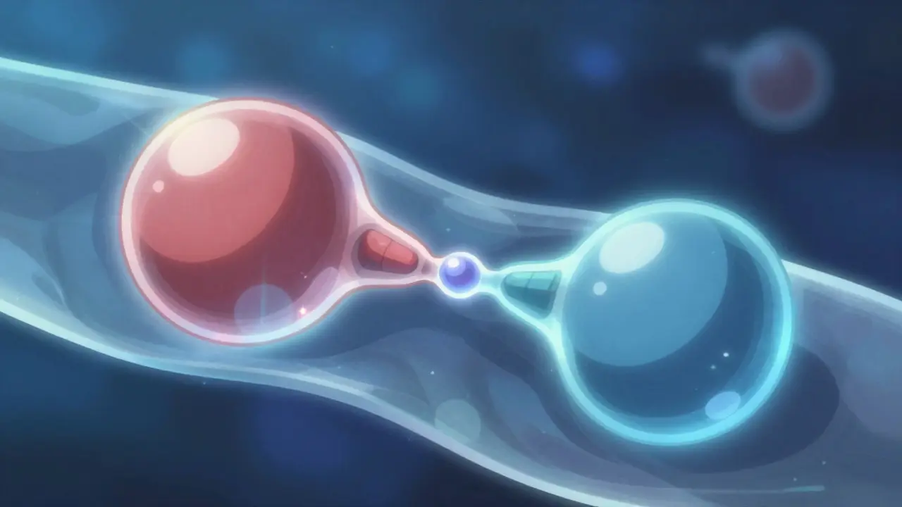 Représentation conceptuelle de deux molécules de médicaments s'attirant.