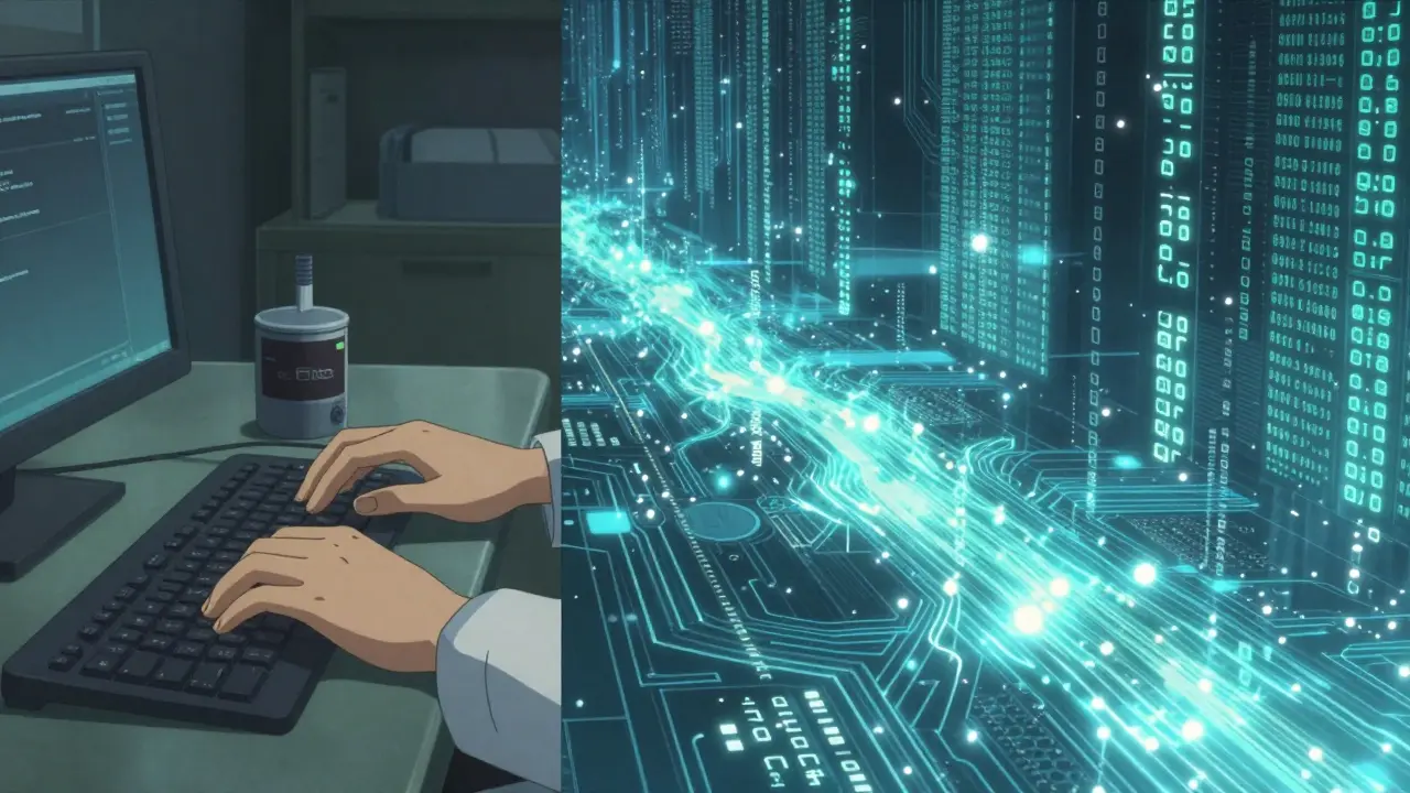 Représentation conceptuelle du système Sentinel analysant des flux massifs de données médicales numériques.