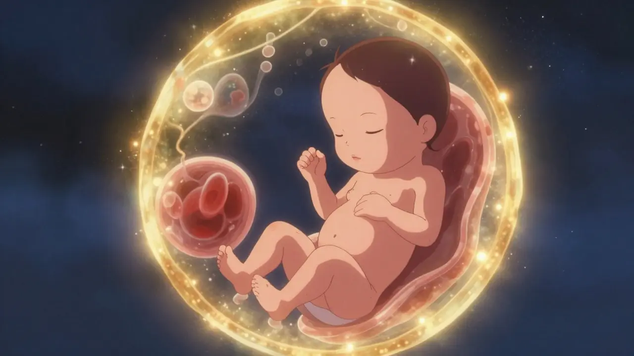Représentation conceptuelle et lumineuse d'un fœtus en développement dans l'utérus.