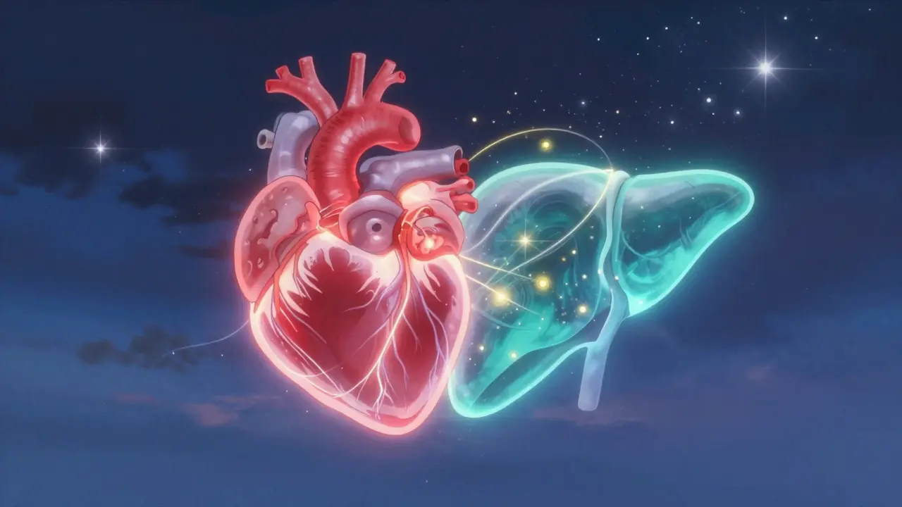 Représentation conceptuelle et lumineuse du cœur et du foie connectés par de l'énergie.