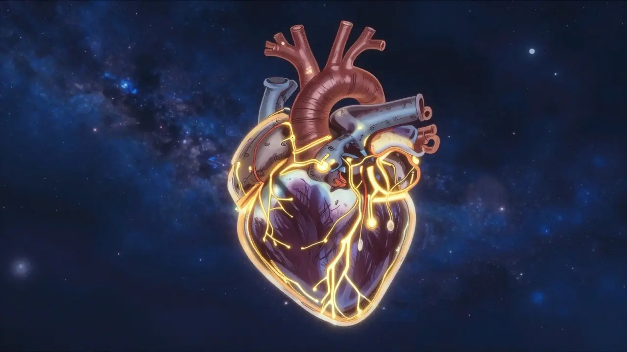 Représentation stylisée d'un cœur avec des circuits électriques dorés et scintillants.