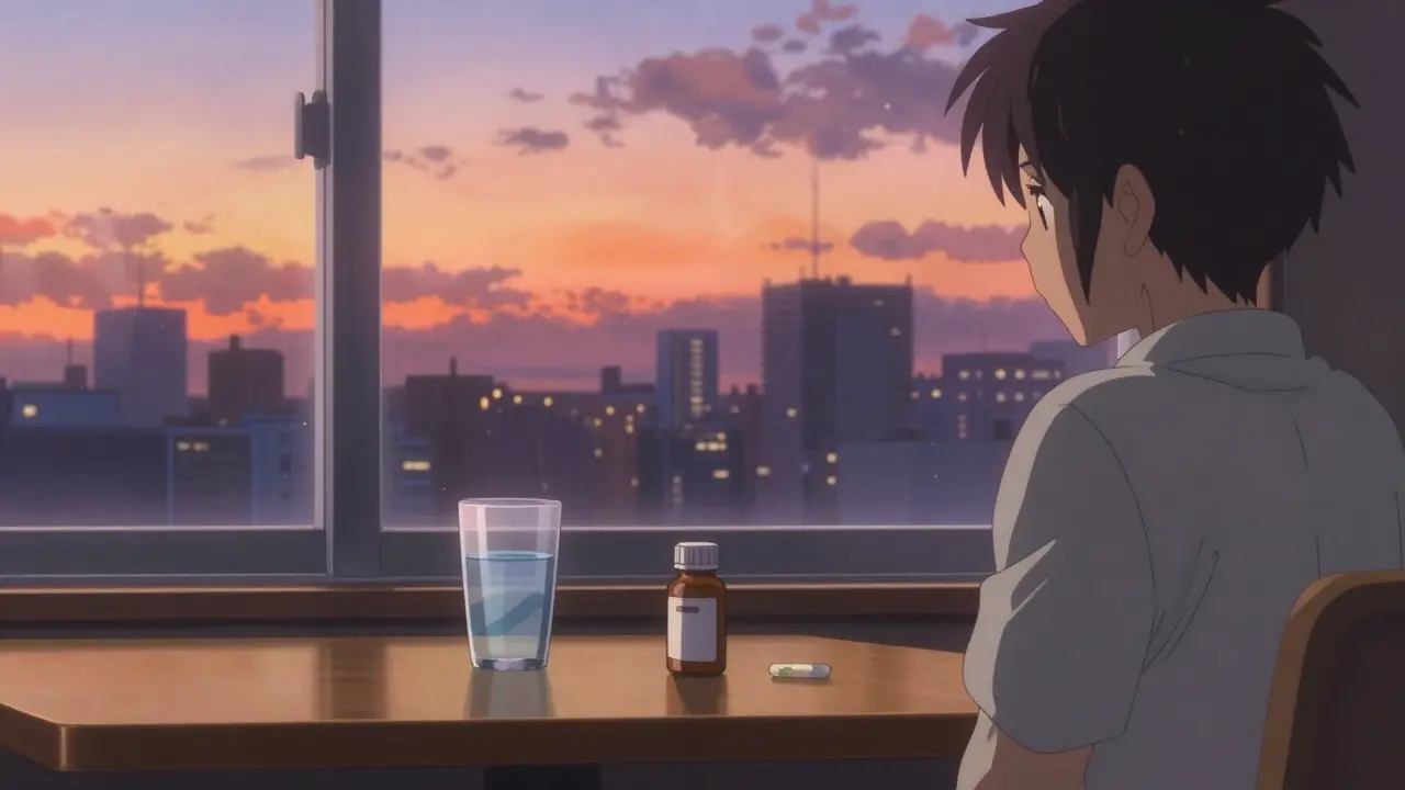 Scène sereine d'un traitement quotidien près d'une fenêtre au coucher du soleil.