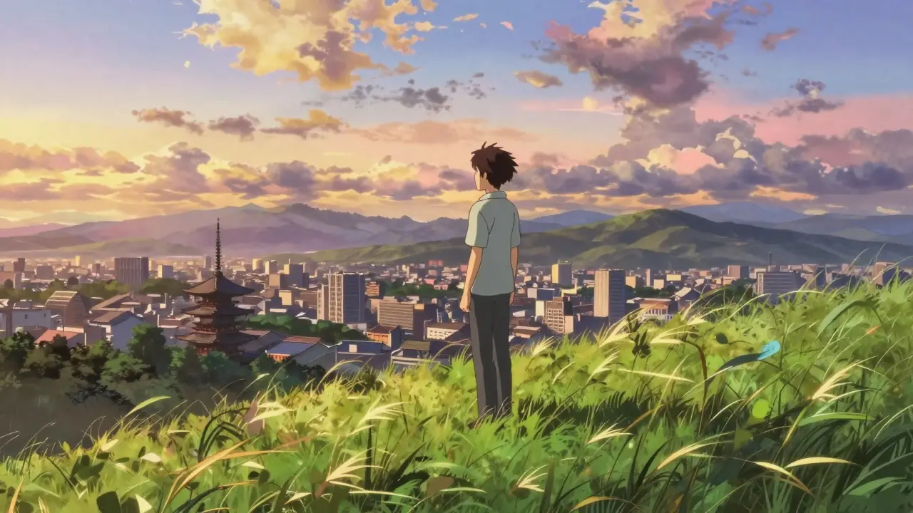 Une personne sereine sur une colline face à une ville, symbolisant la liberté et l'autonomie.