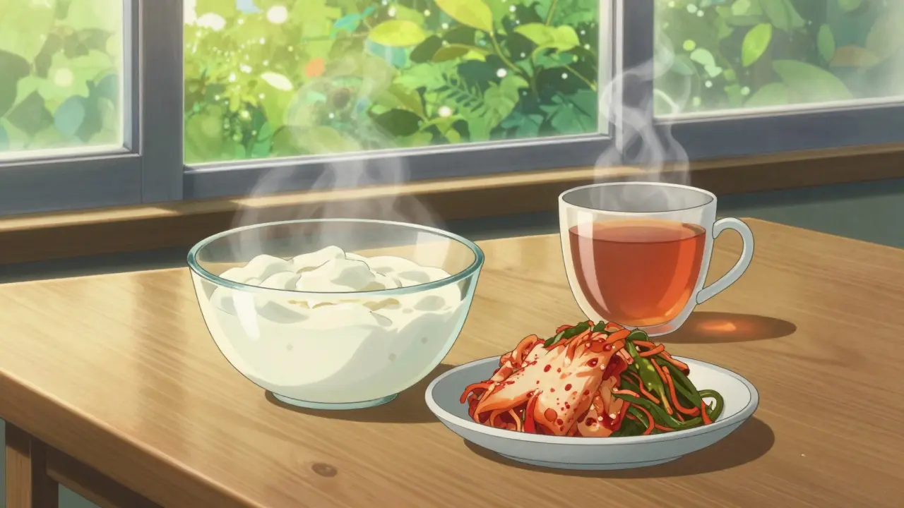 Bol de yaourt et légumes fermentés sur une table de cuisine baignée de lumière dorée