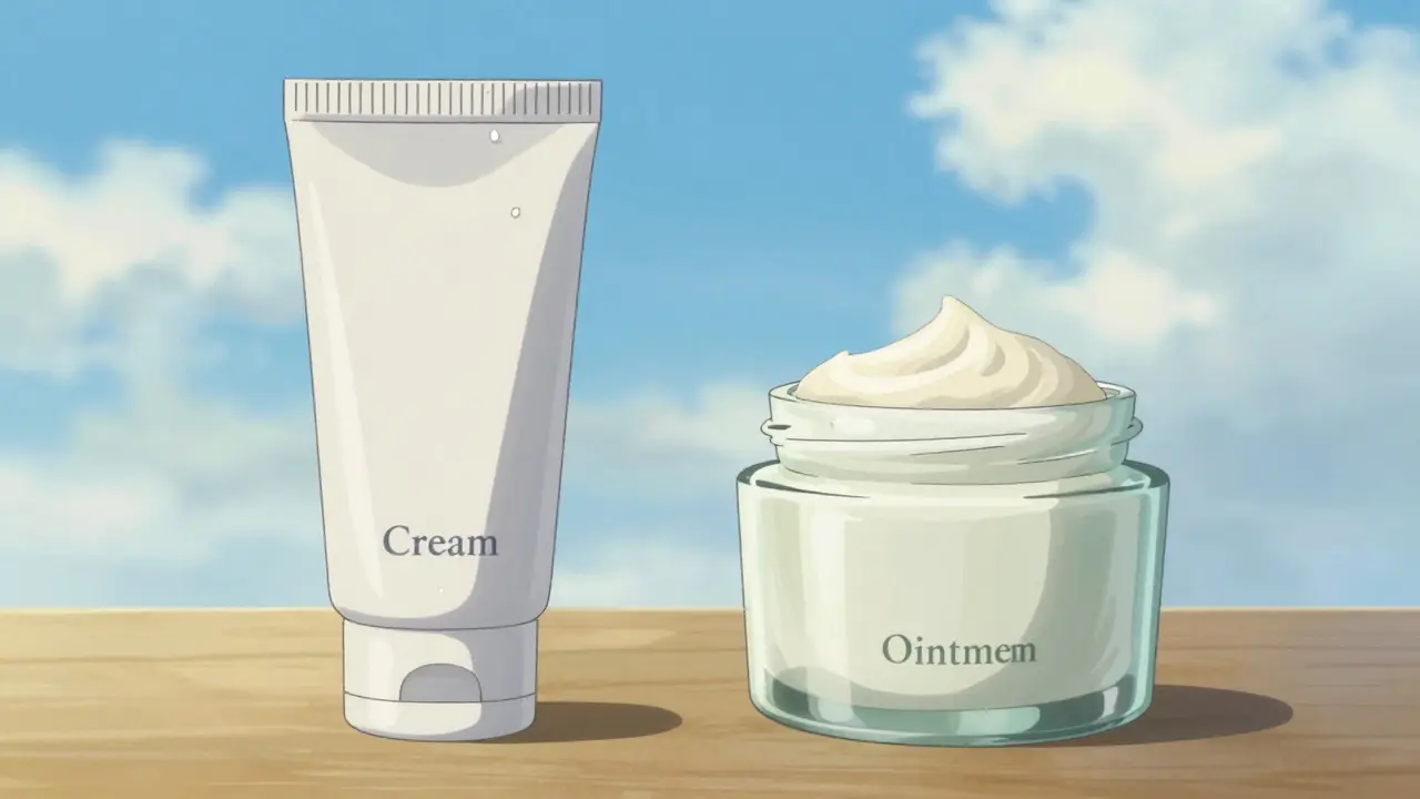 Comparaison visuelle entre une crème et un onguent sous la lumière