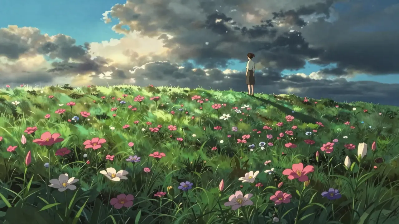 Paysage symbolique de fleurs sauvages sous un ciel dramatique