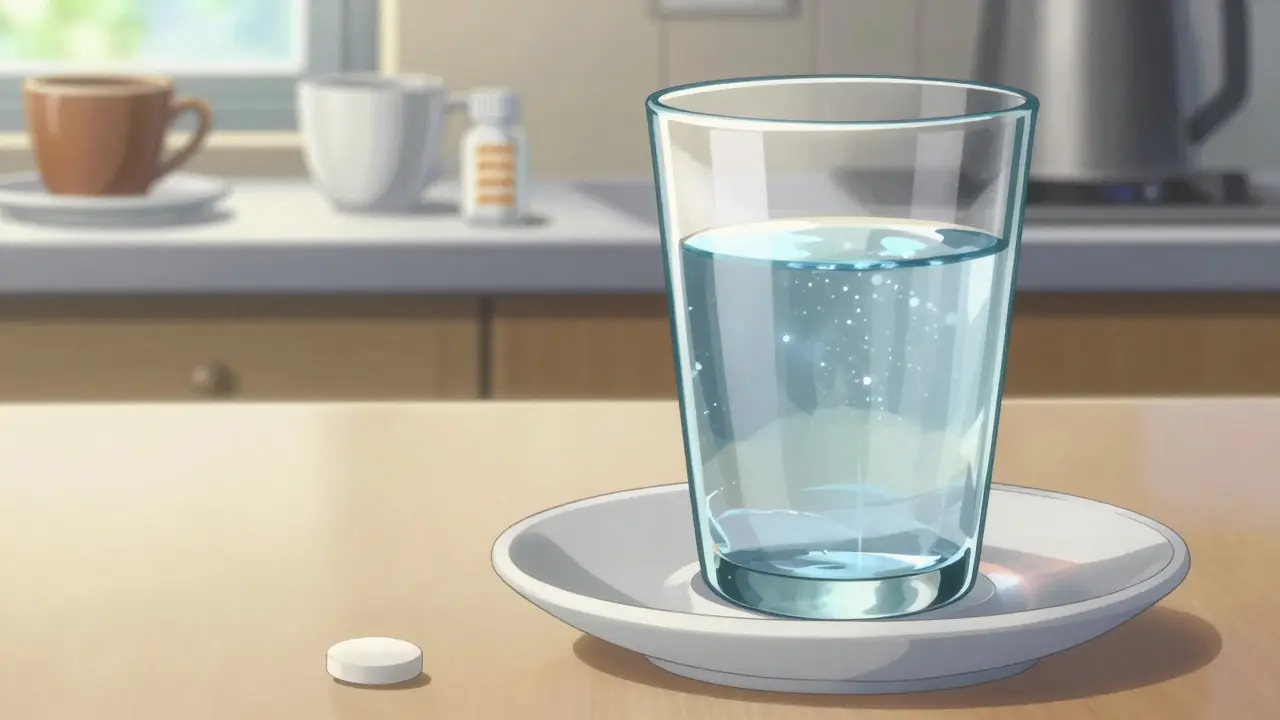 Pilule de Lévothyrox et verre d'eau au petit-déjeuner