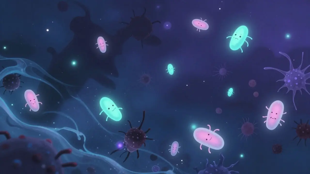 Visualisation artistique des bactéries bénéfiques illuminant l'écosystème intestinal