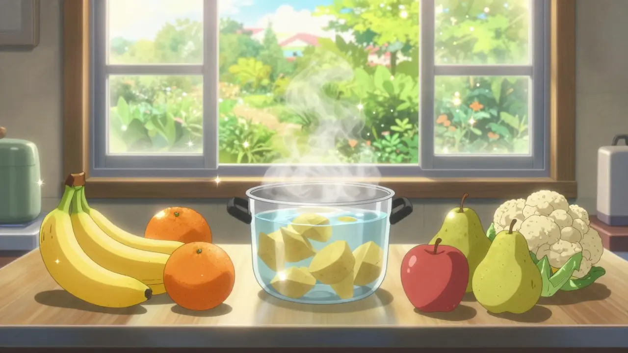 Fruits et légumes sûrs vs riches en potassium sur un comptoir lumineux