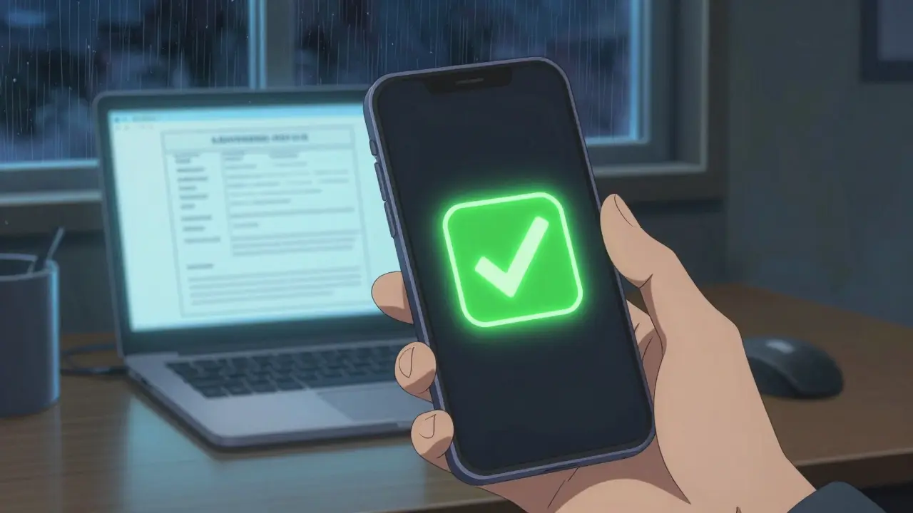 Téléphone affichant une coche verte de sécurité sur un bureau