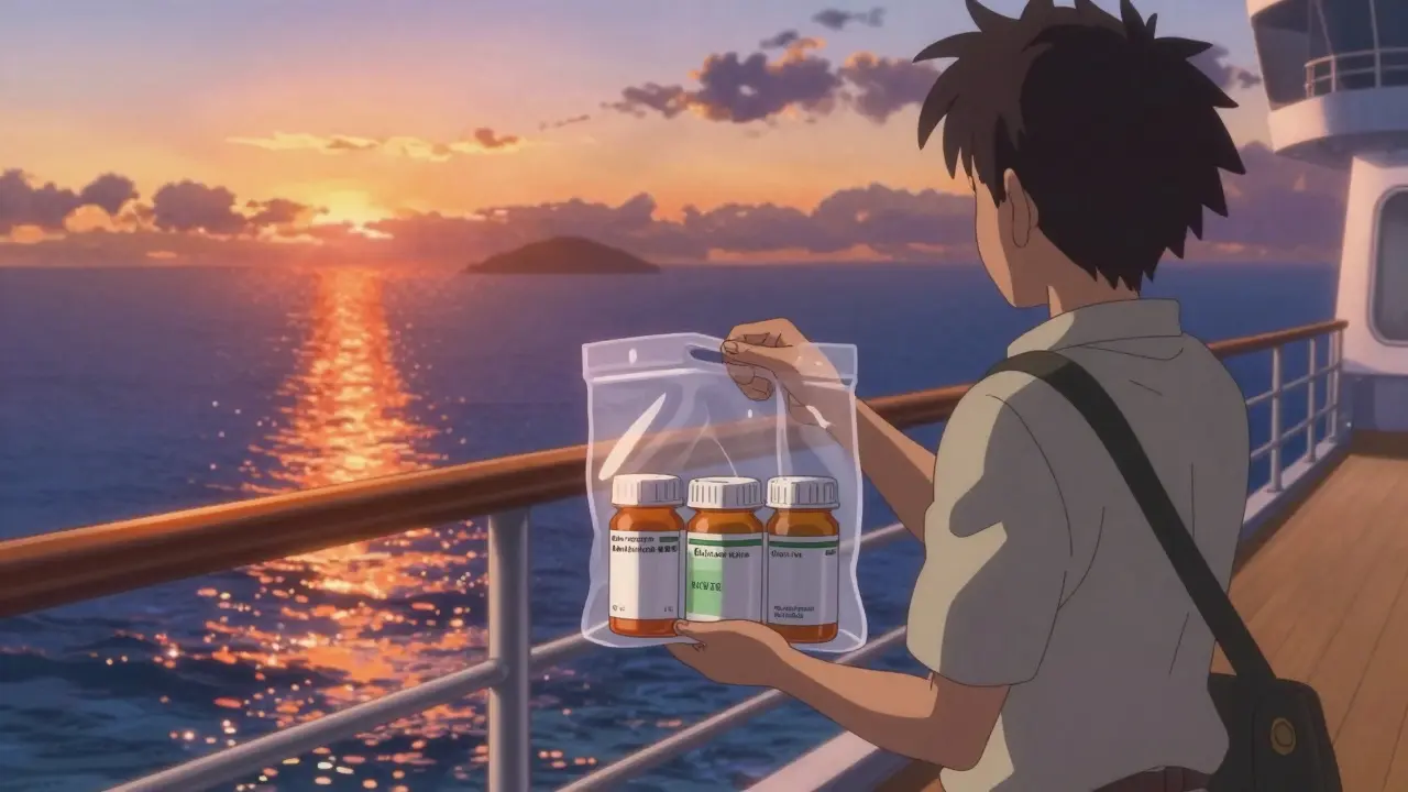 Voyageur avec médicaments étiquetés sur le pont d'un bateau