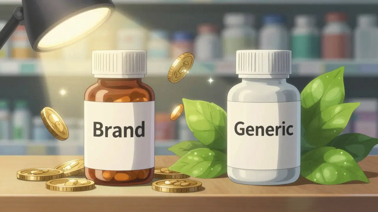 Comparaison visuelle entre médicament de marque cher et générique abordable