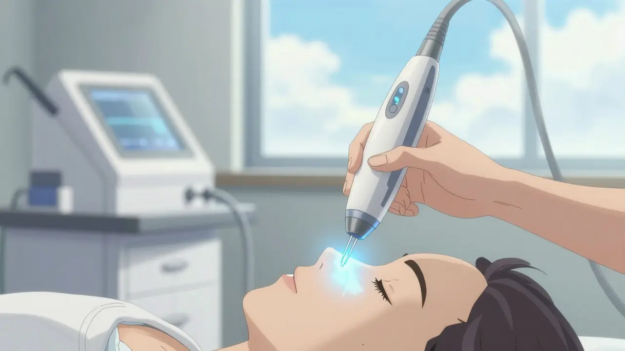 Illustration anime d'un traitement au microneedling dans une clinique lumineuse