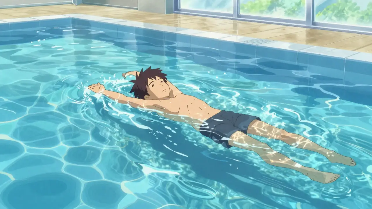 Personnage nageant paisiblement dans une piscine lumineuse pour soulager la douleur