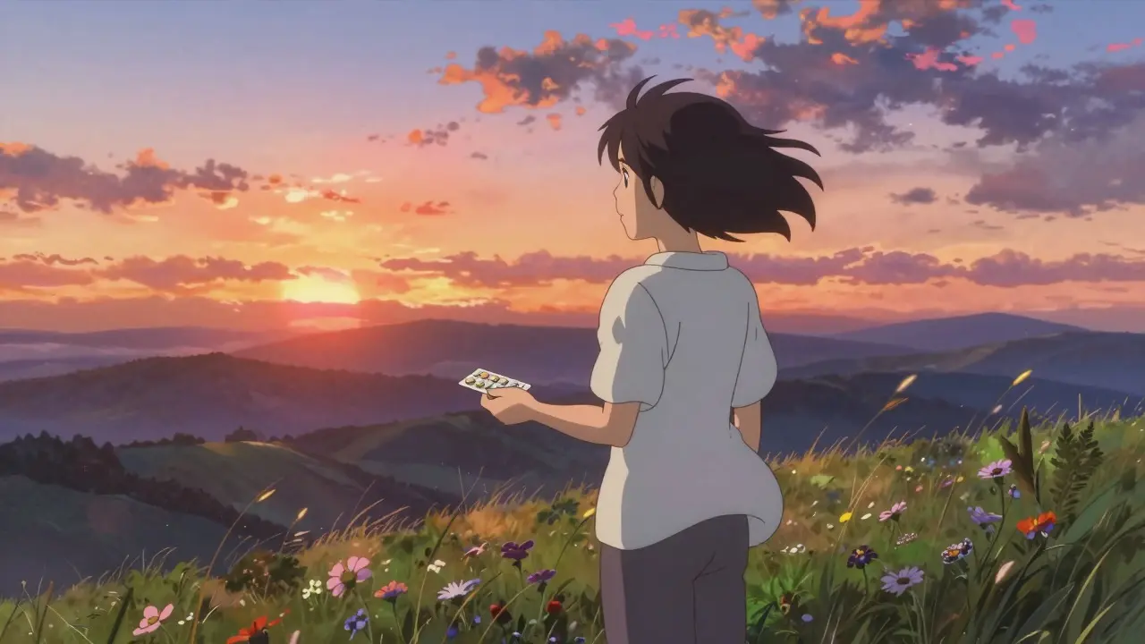 Personne regardant un paysage au coucher du soleil, symbolisant l'espoir et la guérison