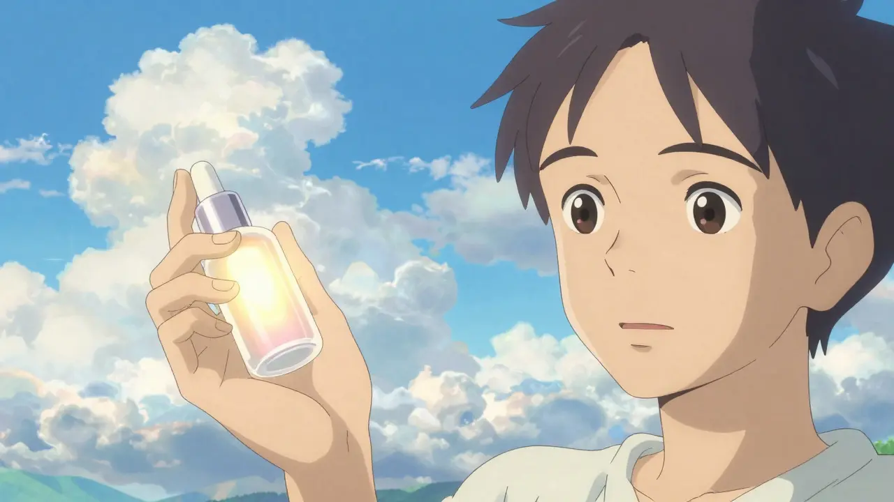Scène anime montrant la transformation de la peau grâce aux soins topiques