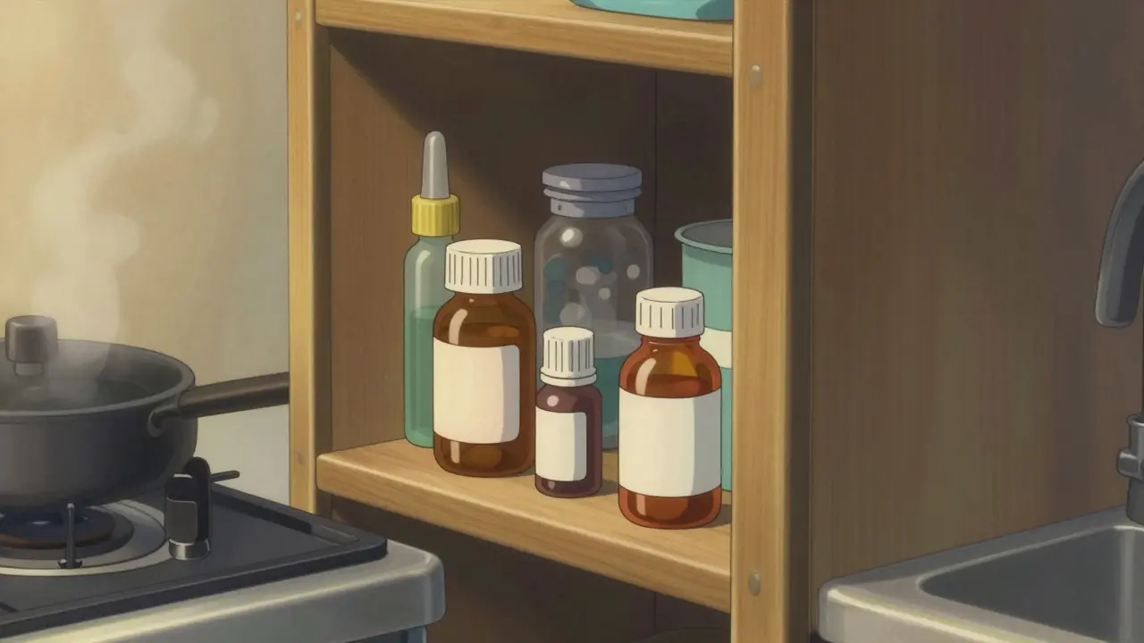 Armoire de cuisine organisée avec des médicaments stockés à l'abri de la chaleur