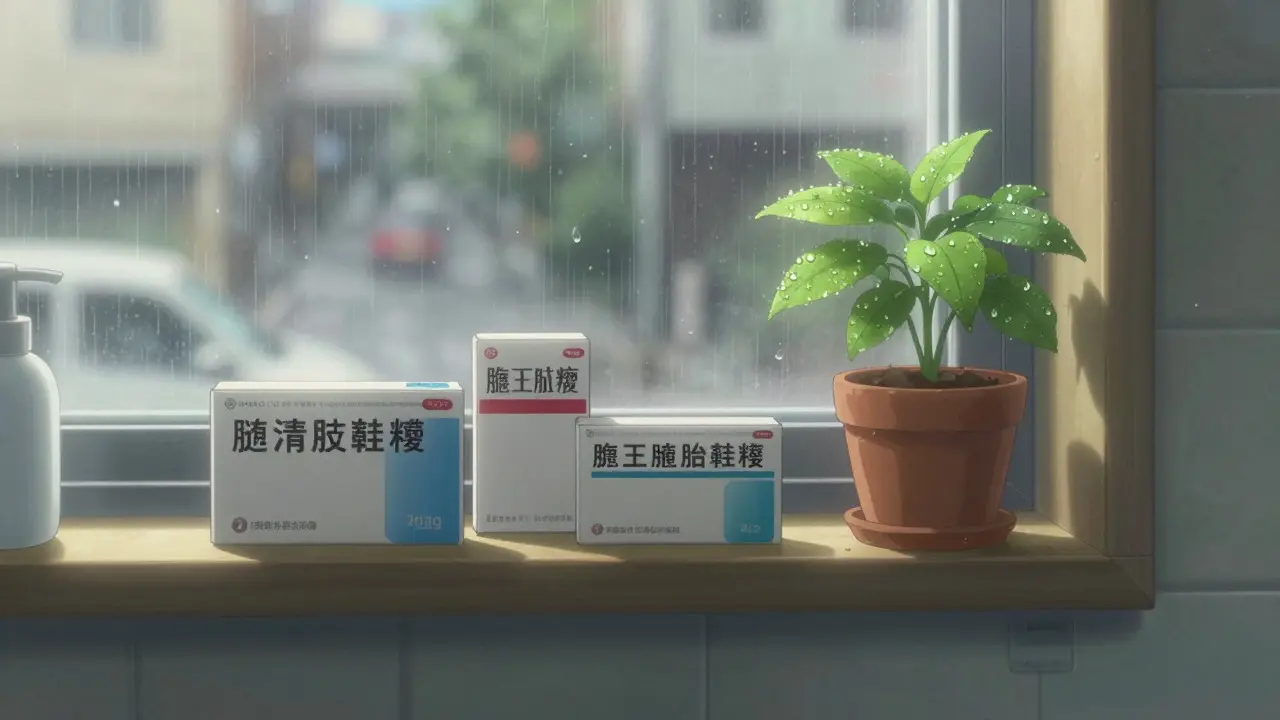 Boîtes de médicaments rangées avec une plante dans un bain de lumière