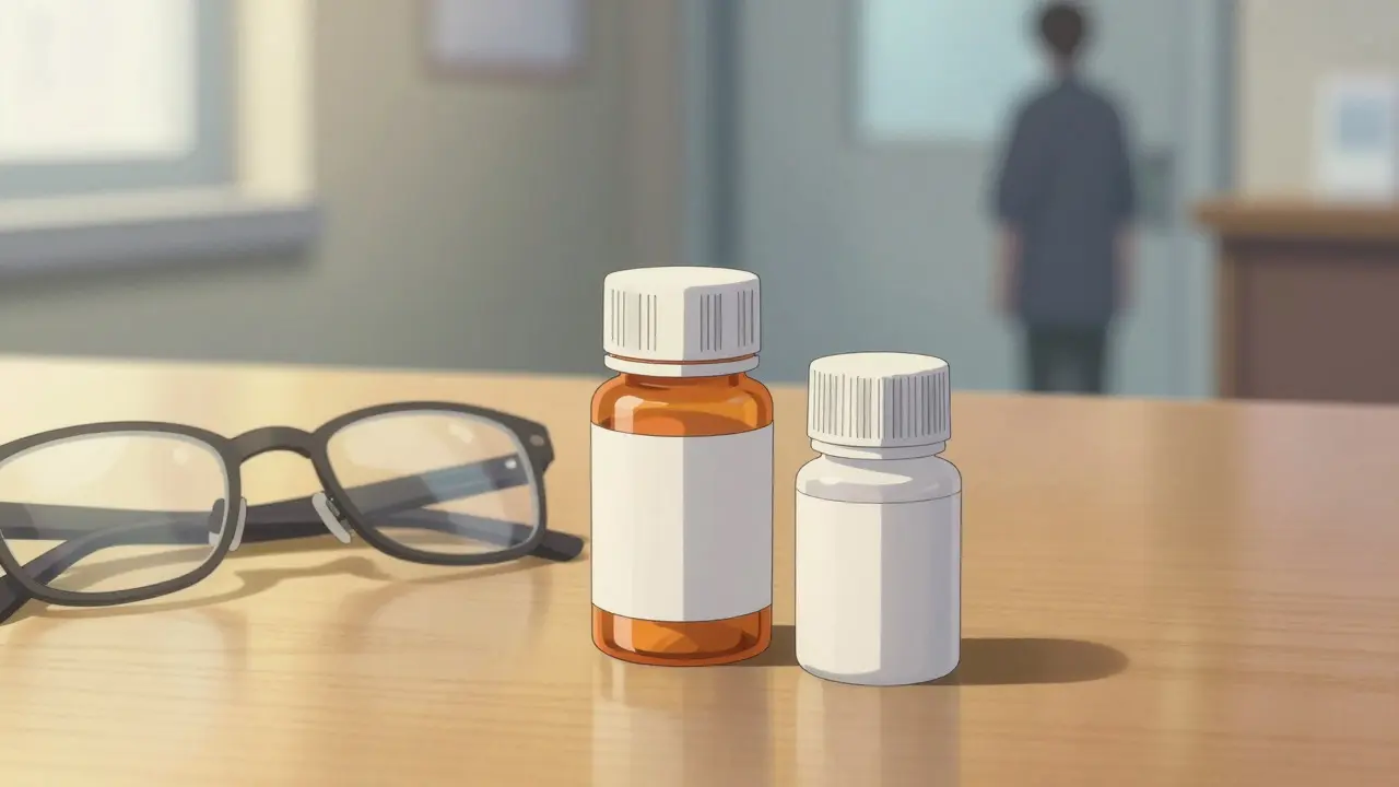 Deux flacons de médicaments sur un bureau en bois avec des lunettes