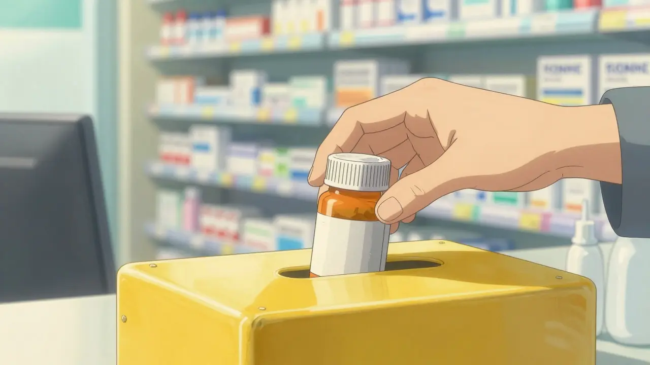 Main déposant un vieux médicament dans la boîte jaune d'une pharmacie