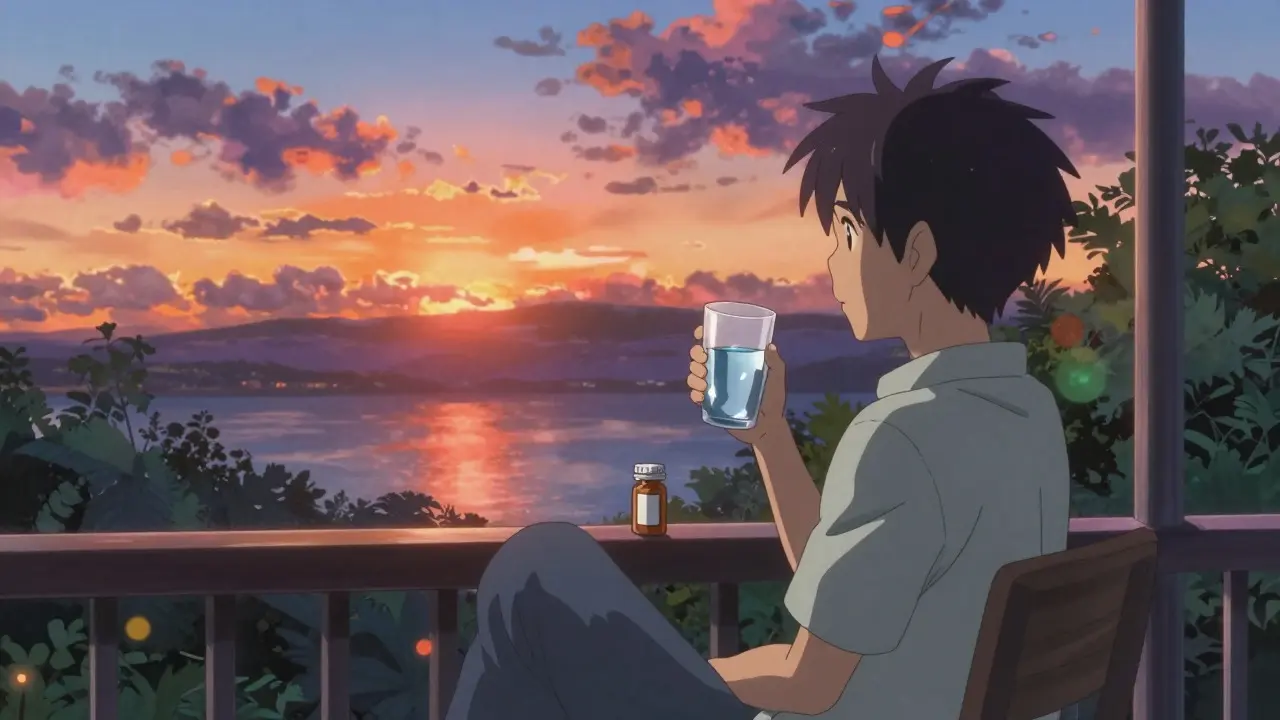Personne relaxée au coucher du soleil avec son traitement, ciel coloré