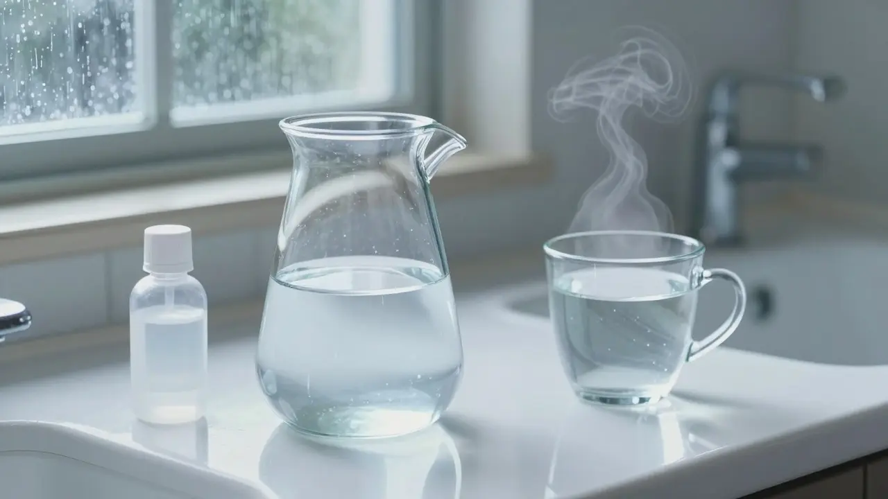 Pot Neti et solution saline sur un comptoir de salle de bain propre et lumineux