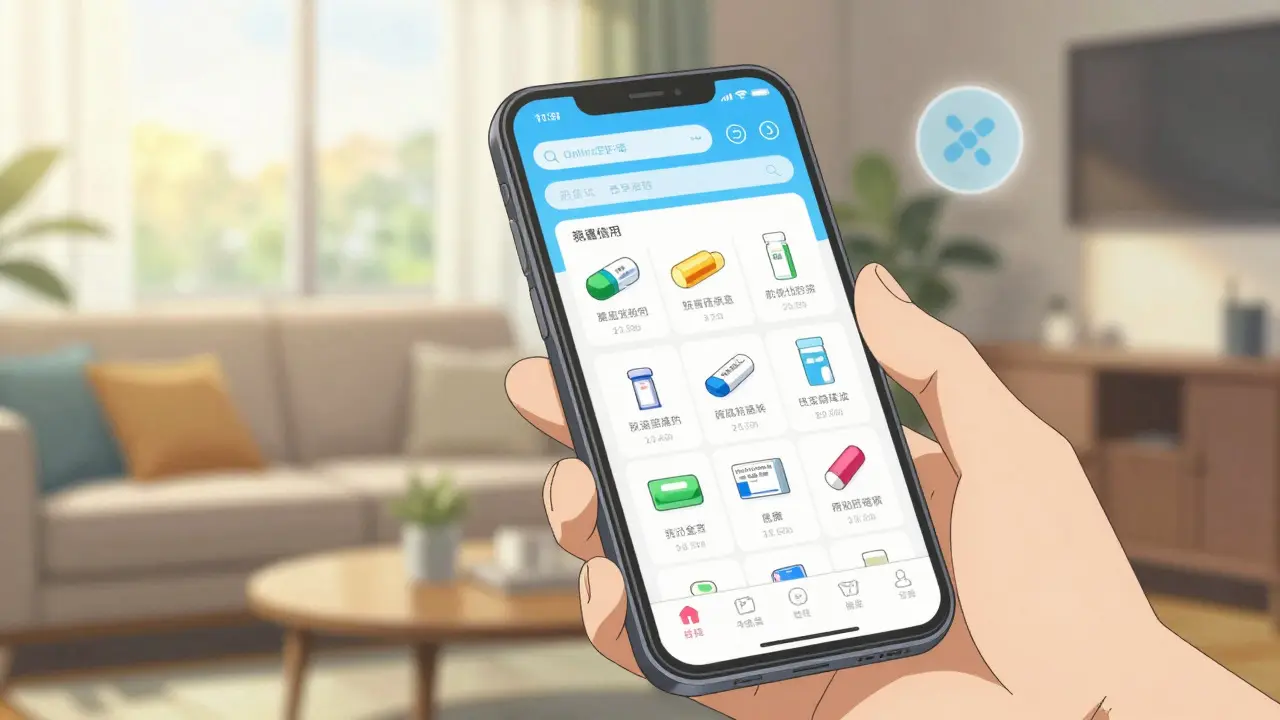 Téléphone montrant une commande en ligne de médicaments dans un salon lumineux
