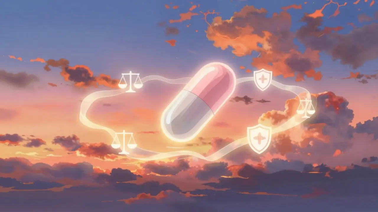 Une pilule flottante dans un ciel au coucher du soleil avec des rubans lumineux abstraits
