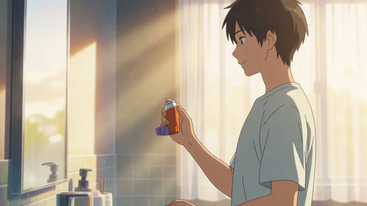 Homme calme utilisant son inhalateur de fond dans une salle de bain lumineuse.